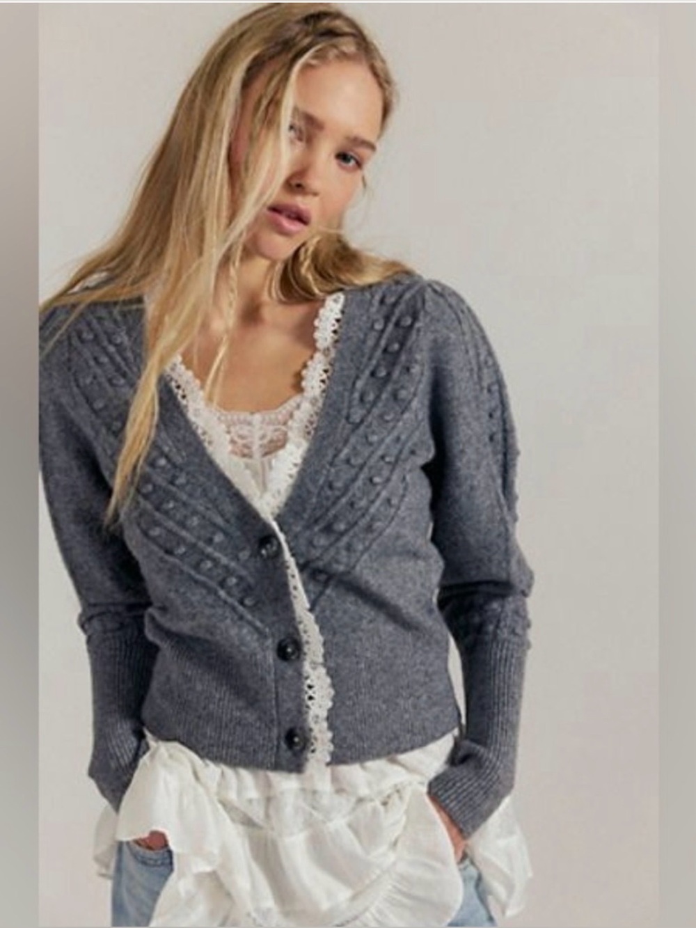 Free People Lace Softspun Long Sleeve Cardi in Flannel Gray Heather
